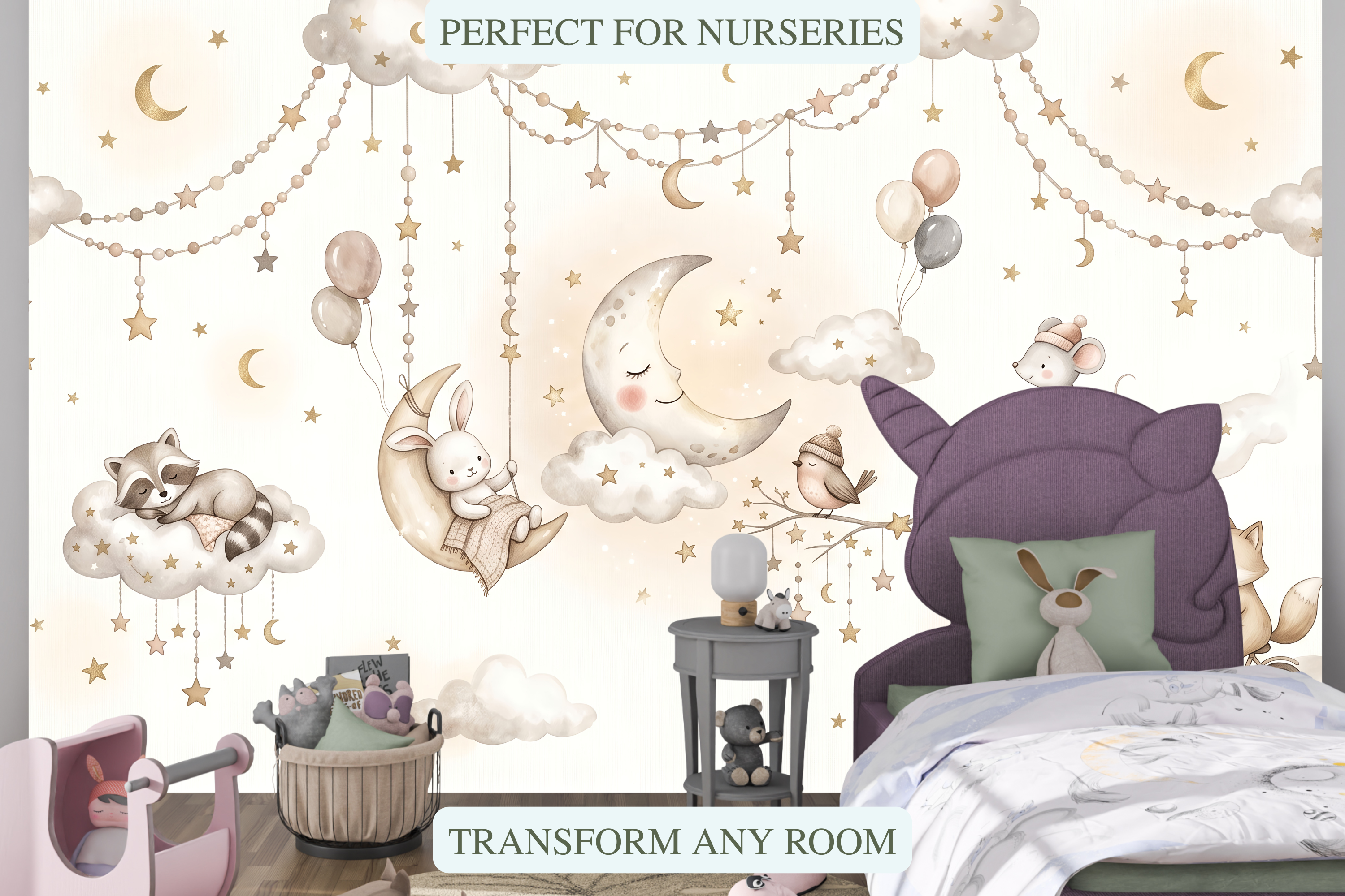 Dreamy cloud and star garland peel and stick wall mural behind a crib or child's bed