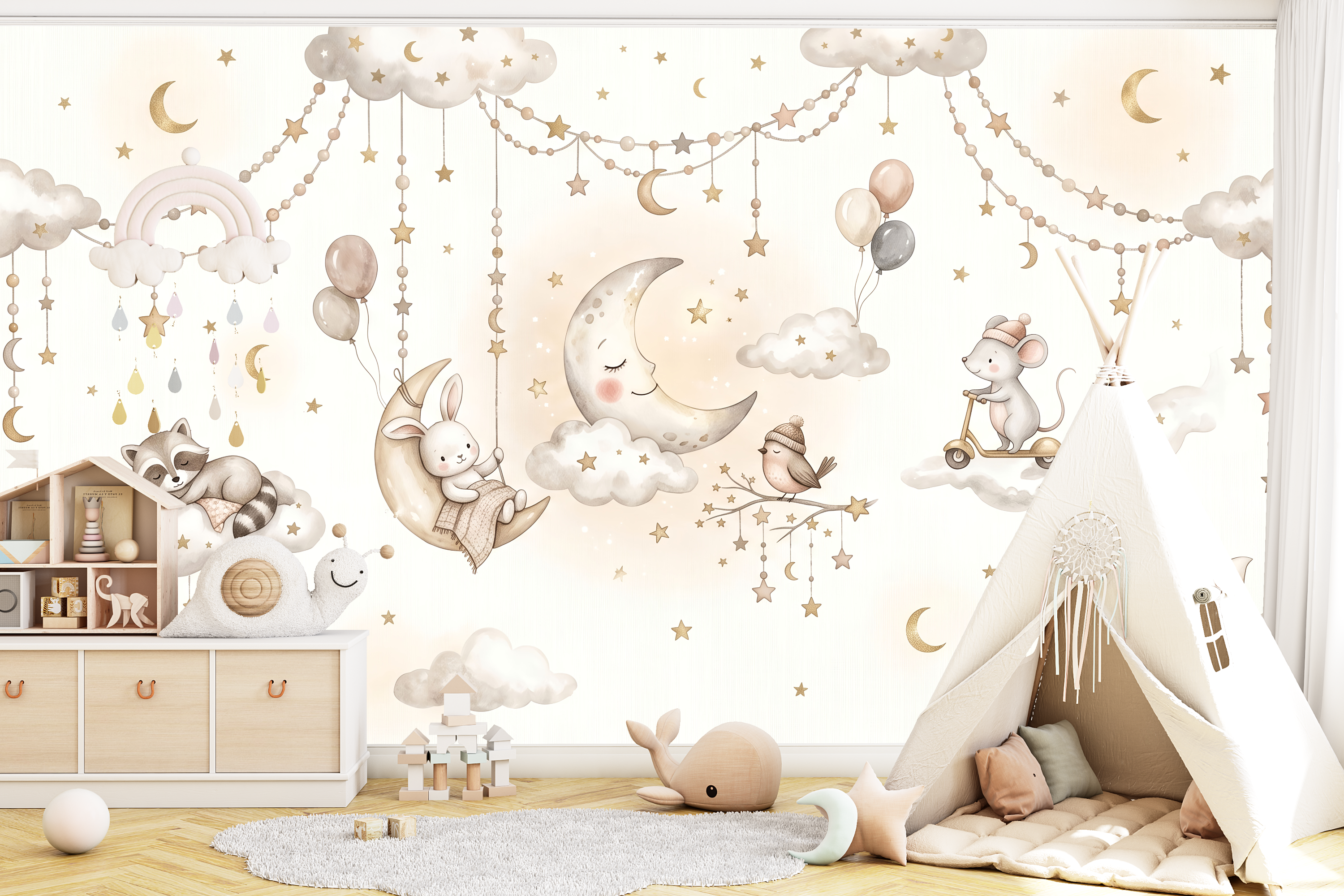Whimsical bunny on a moon and fox riding a bike mural creating a magical playroom wall