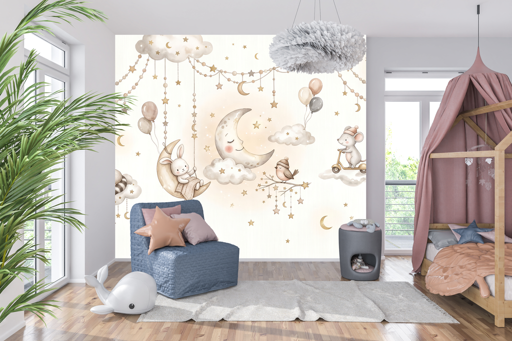 Watercolor Sleepy Animals & Clouds Wall Mural Dreamy Neutral Starry Nursery Wallpaper