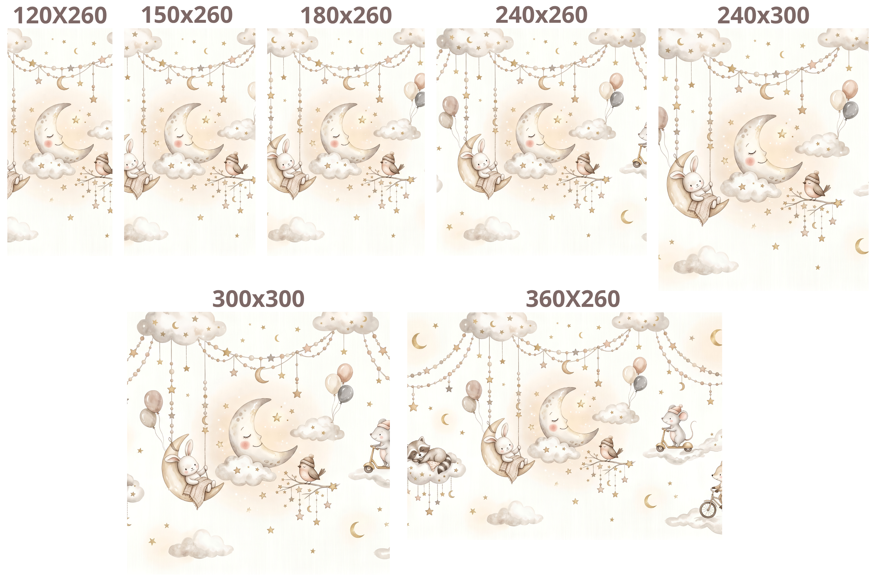 Watercolor Sleepy Animals & Clouds Wall Mural Dreamy Neutral Starry Nursery Wallpaper