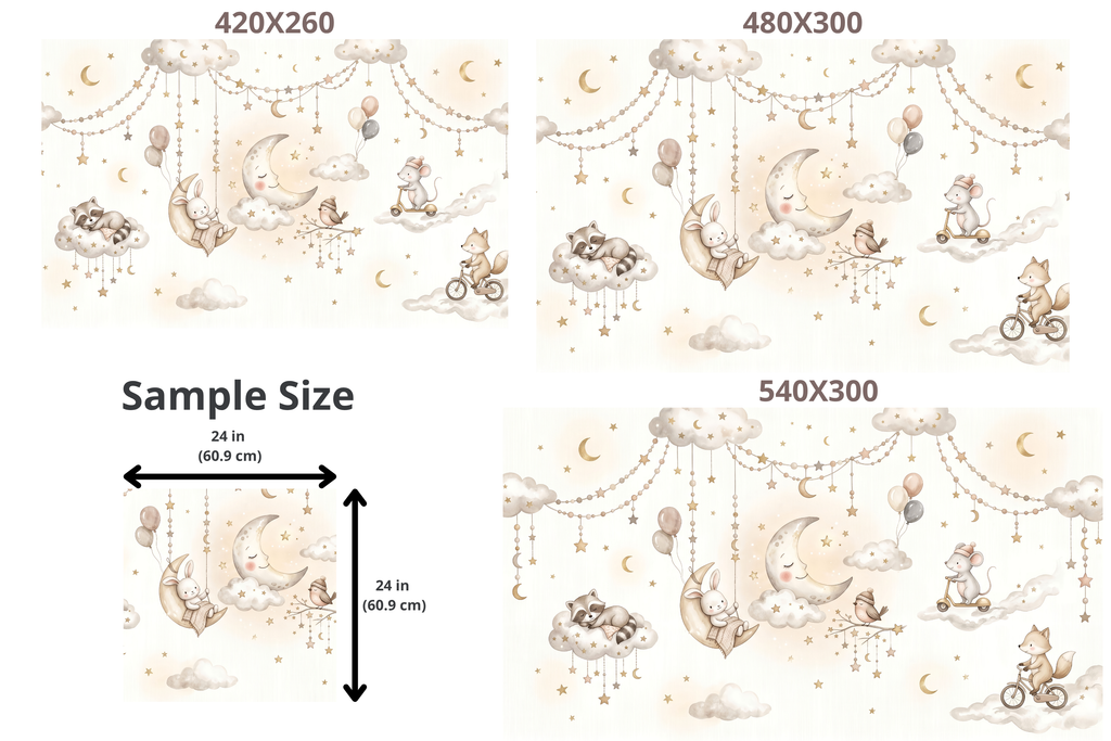 Watercolor Sleepy Animals & Clouds Wall Mural Dreamy Neutral Starry Nursery Wallpaper