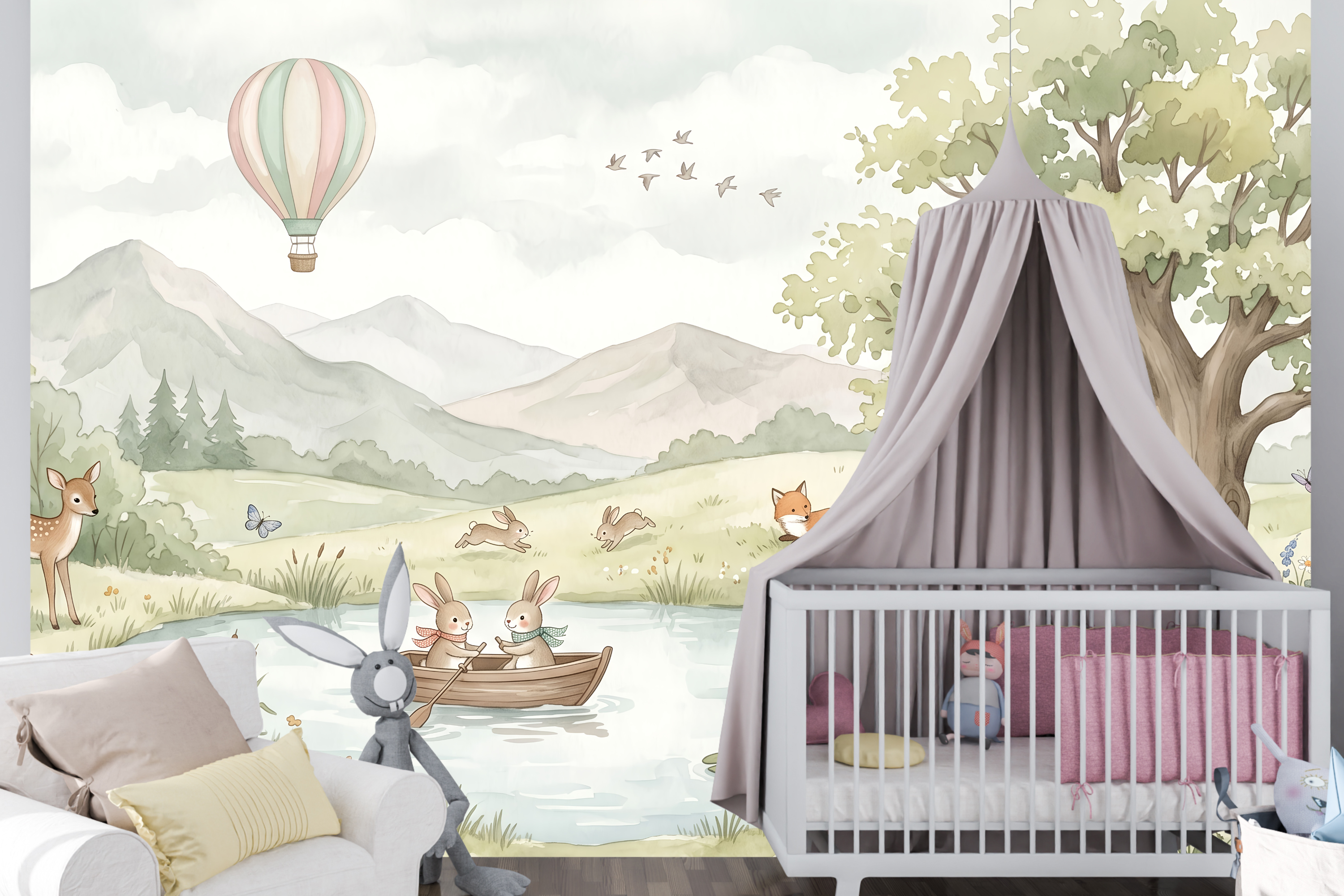 Soft watercolor woodland animal mural in a sweet gentle nursery