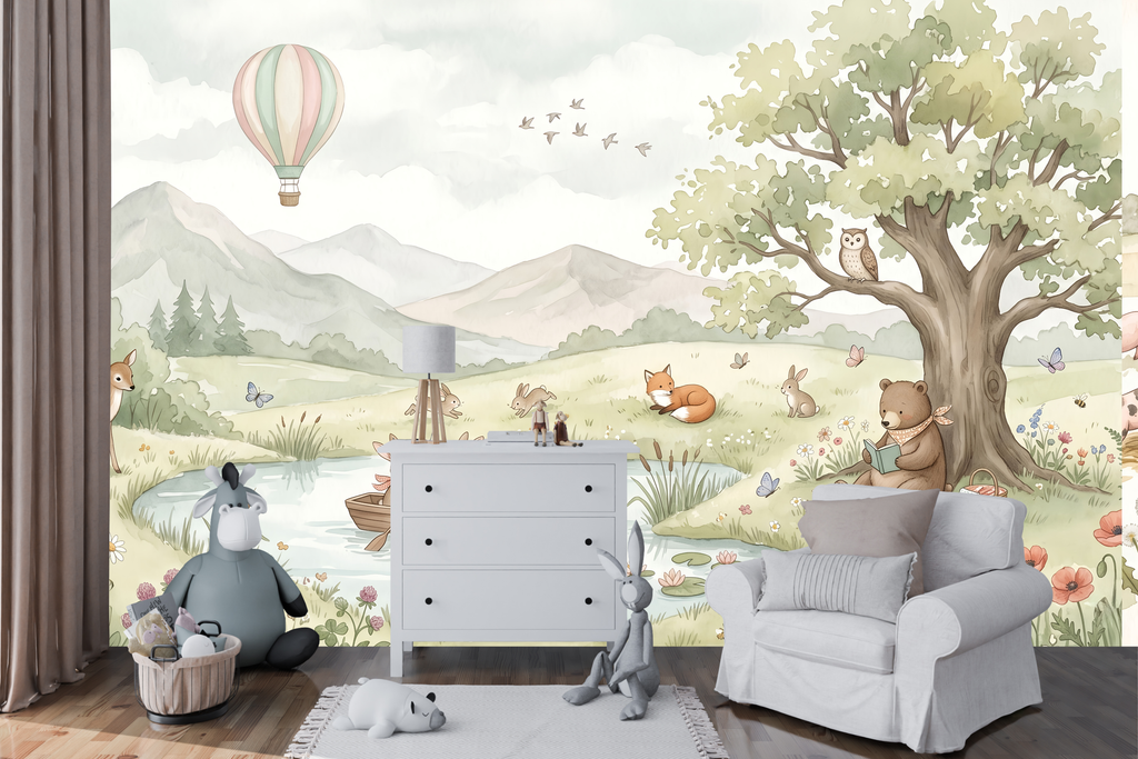 Reading bear and grand oak tree peel and stick wallpaper behind a toddler bed