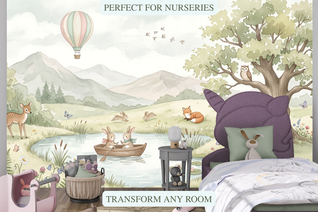 Watercolor Woodland Storybook Wall Mural Dreamy Forest Animal Nursery Wallpaper