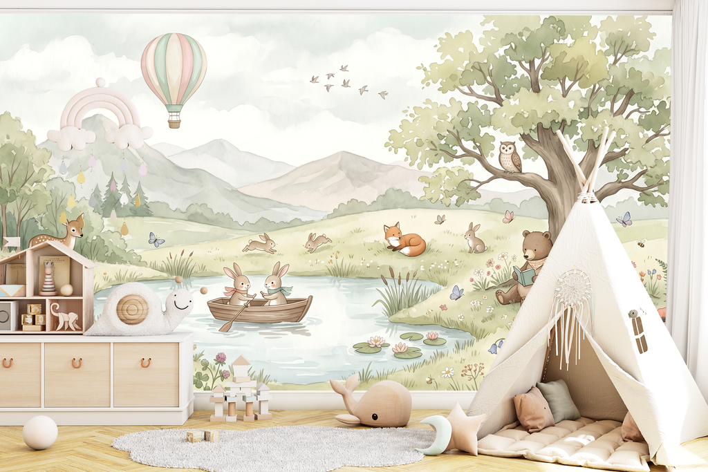 Joyful forest pond and hot air balloon wall mural creating a calming accent wall in a playroom