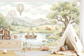Joyful forest pond and hot air balloon wall mural creating a calming accent wall in a playroom