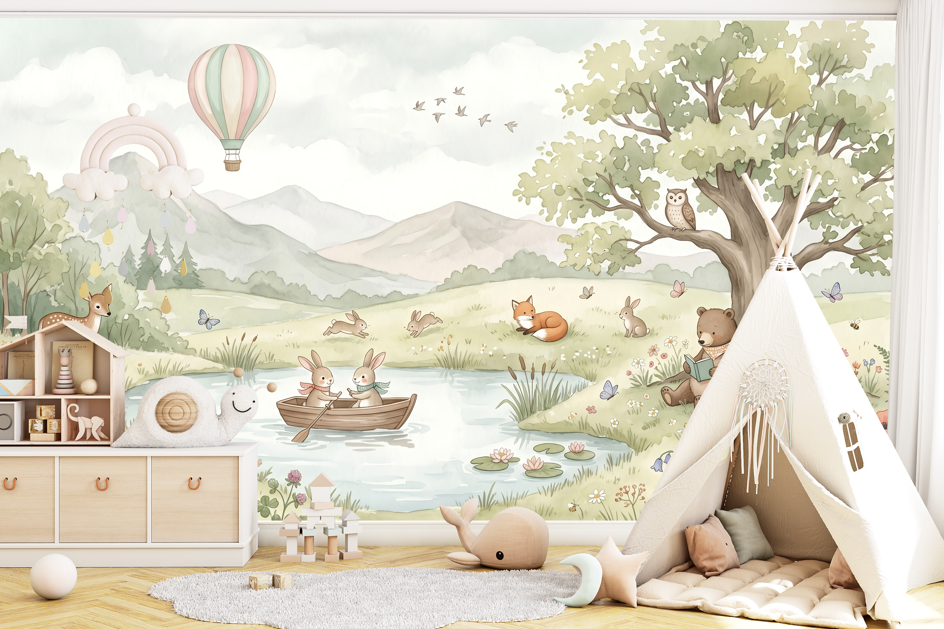 Joyful forest pond and hot air balloon wall mural creating a calming accent wall in a playroom