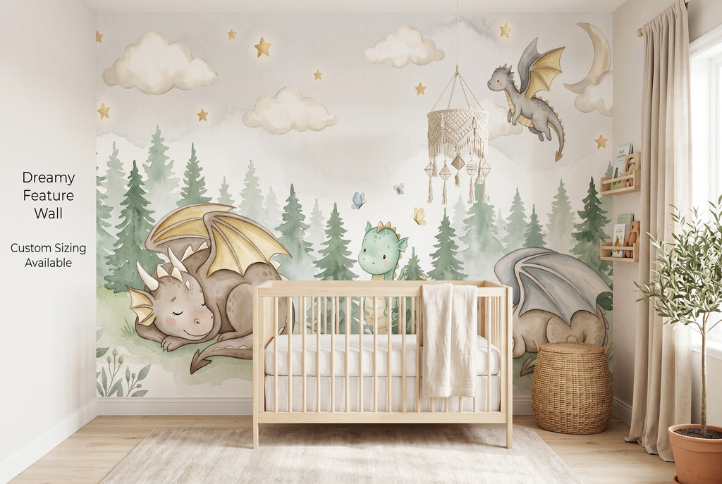 Watercolor fantasy forest wallpaper mural in a gender-neutral nursery with a natural wood crib.