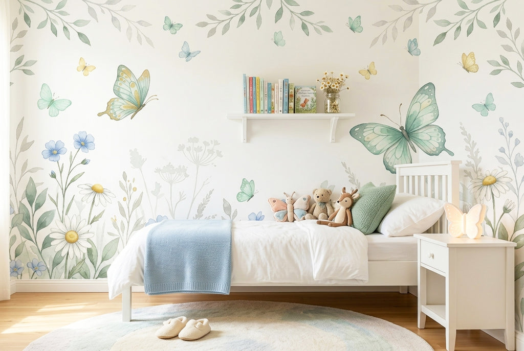 Watercolour butterfly and daisy wall mural in a girls bedroom behind a white wooden bed with pastel cushions