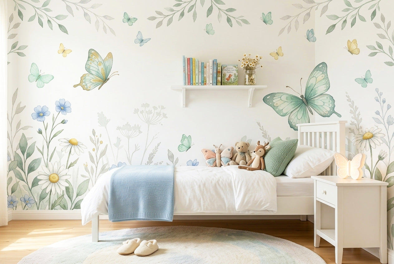 Watercolour butterfly and daisy wall mural in a girls bedroom behind a white wooden bed with pastel cushions
