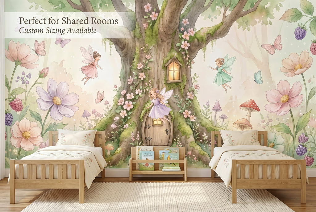 Watercolour enchanted fairy tree house wall mural in a shared girls bedroom