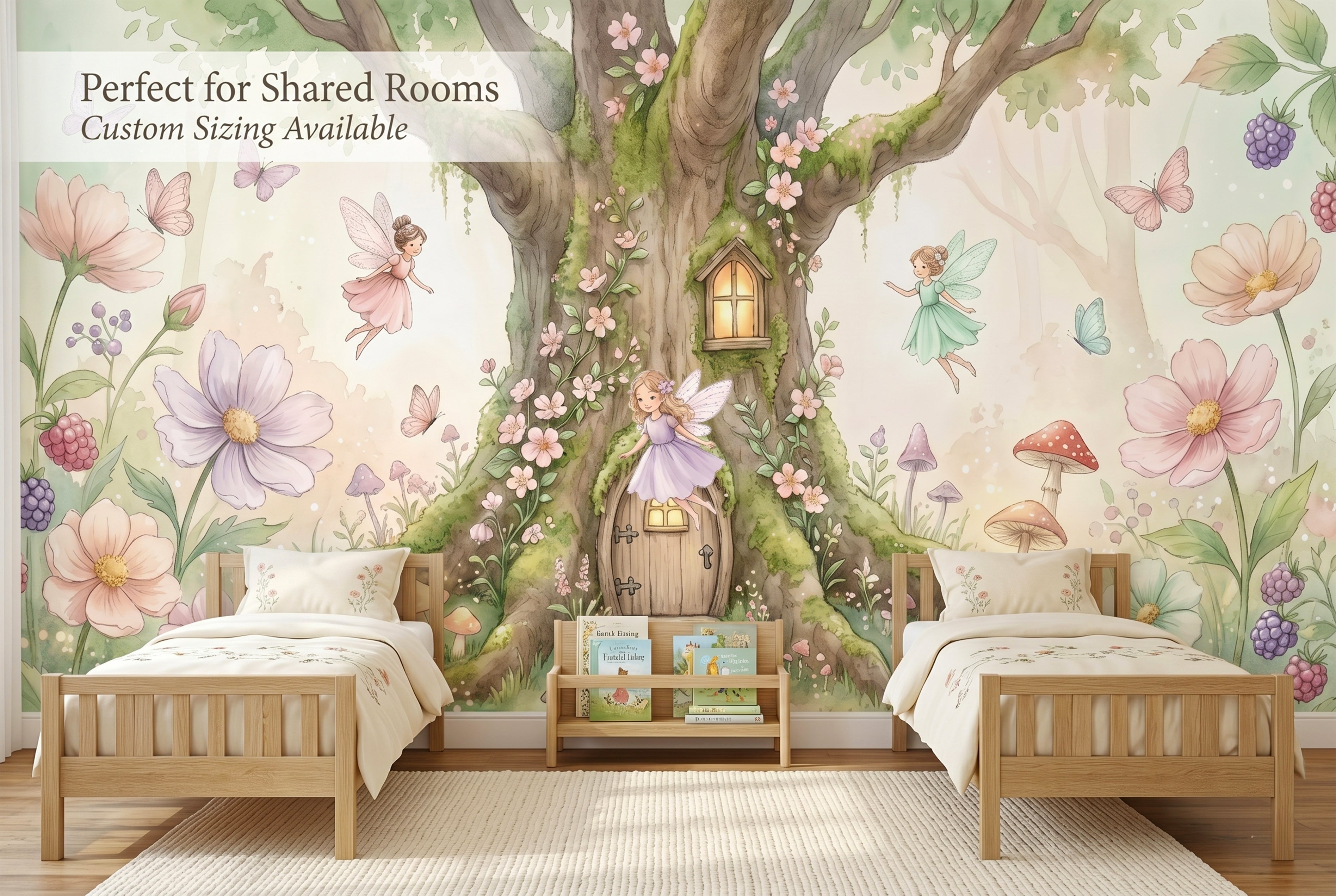 Watercolour enchanted fairy tree house wall mural in a shared girls bedroom