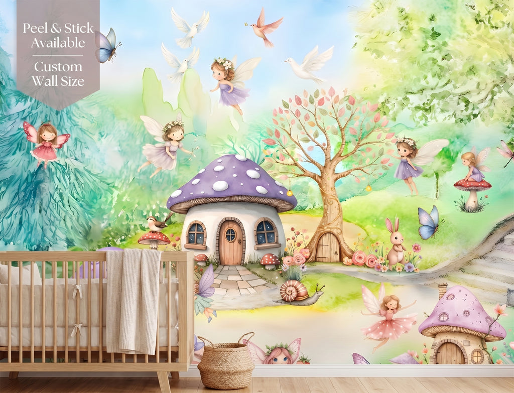 Watercolour enchanted fairy village wall mural in a pastel girls nursery