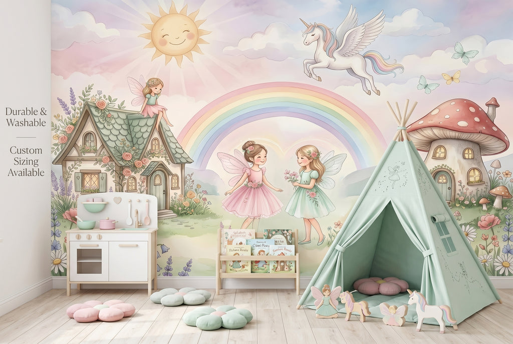 Watercolour fairy cottage and mushroom house wall mural detail