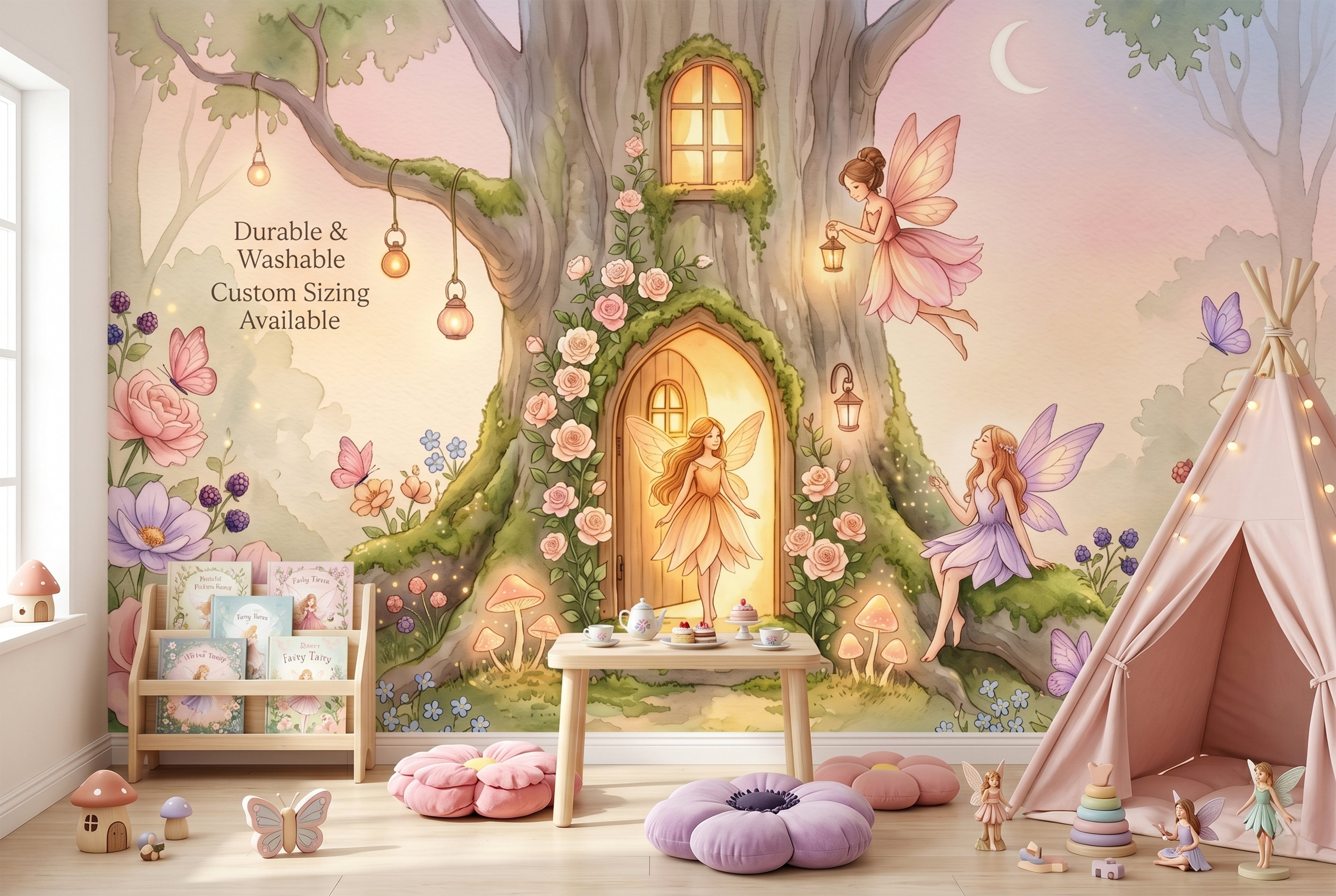 Watercolour fairy door tree house wall mural in an enchanted rose garden nursery