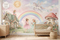 Watercolour fairy garden and rainbow unicorn wall mural in a girls nursery