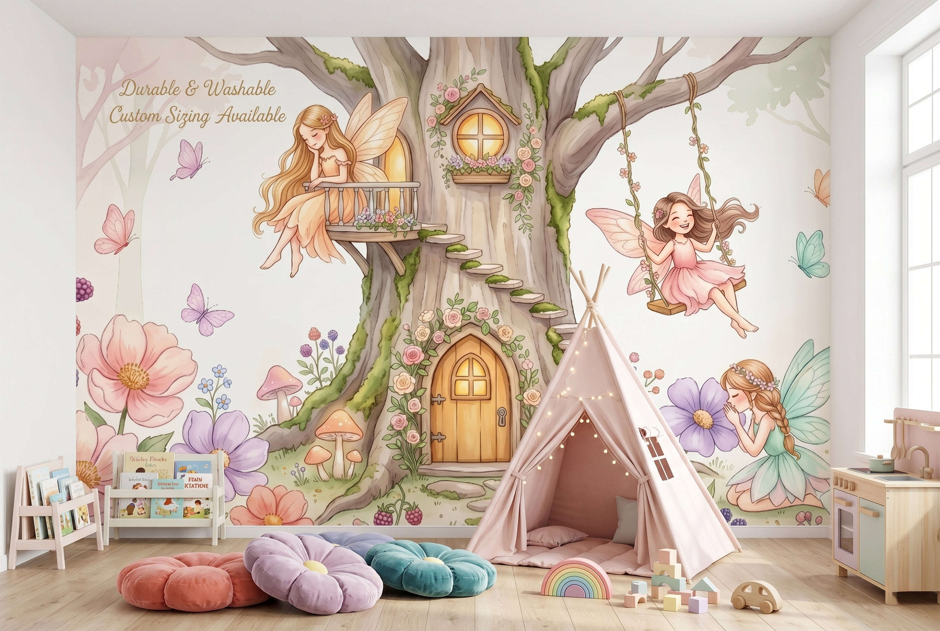 Watercolour fairy swing tree house wall mural in a whimsical girls nursery