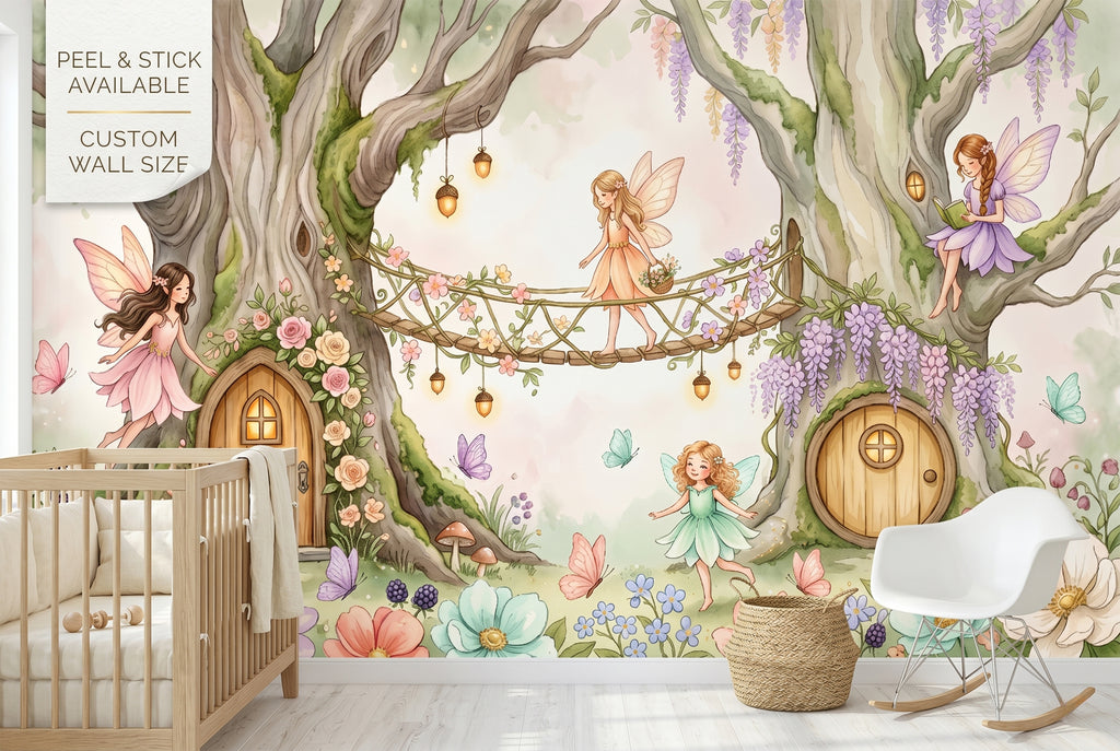 Watercolour fairy treehouse village wall mural in a woodland themed girls nursery