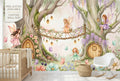 Watercolour fairy treehouse village wall mural in a woodland themed girls nursery