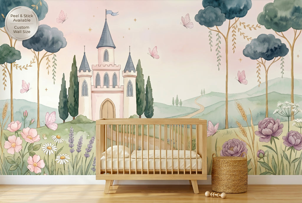 Watercolour fairytale castle wall mural in a pastel princess nursery