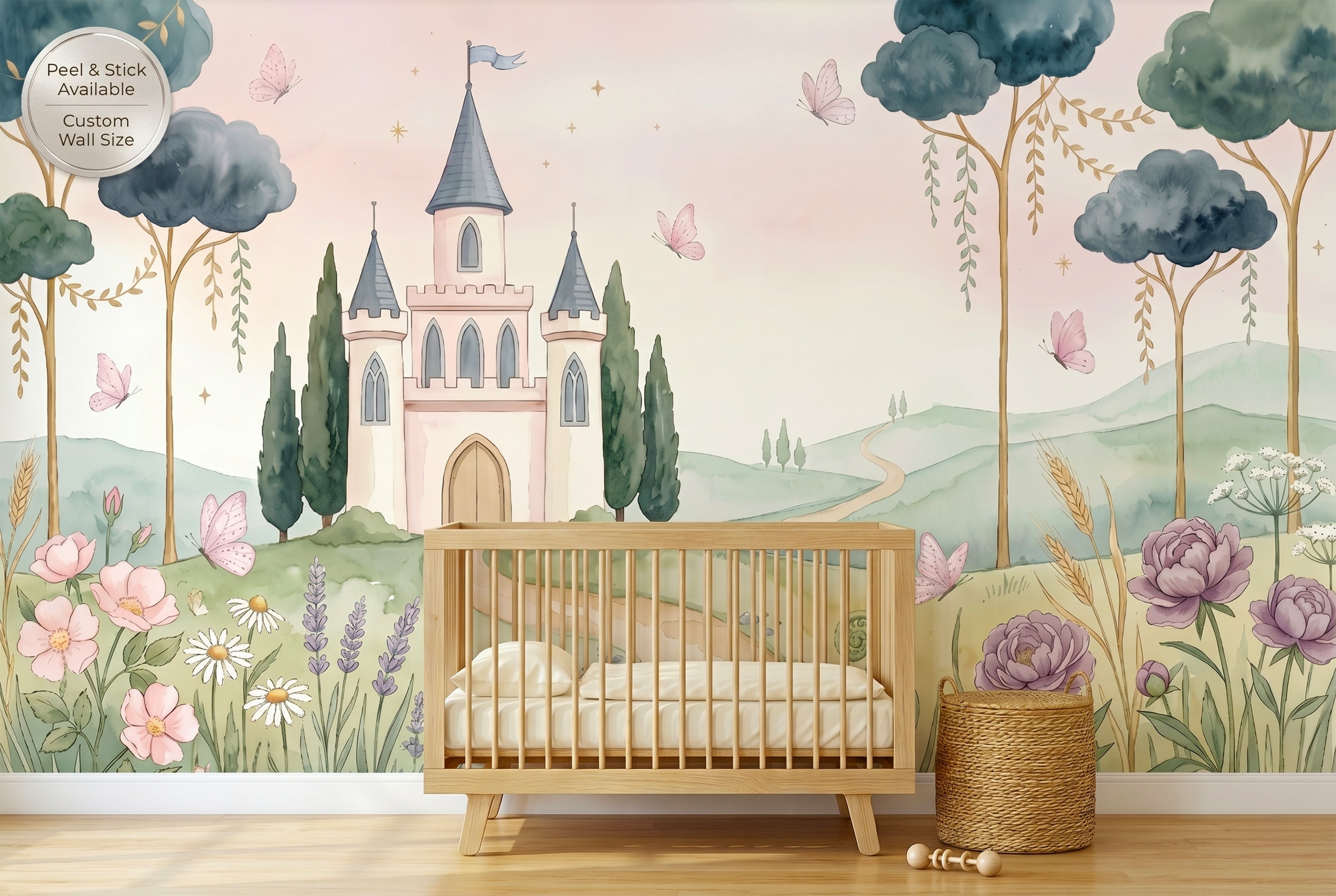 Watercolour fairytale castle wall mural in a pastel princess nursery