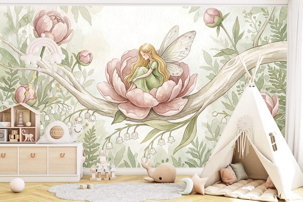 Watercolour flower fairy and blush pink peony wall mural in a girls nursery