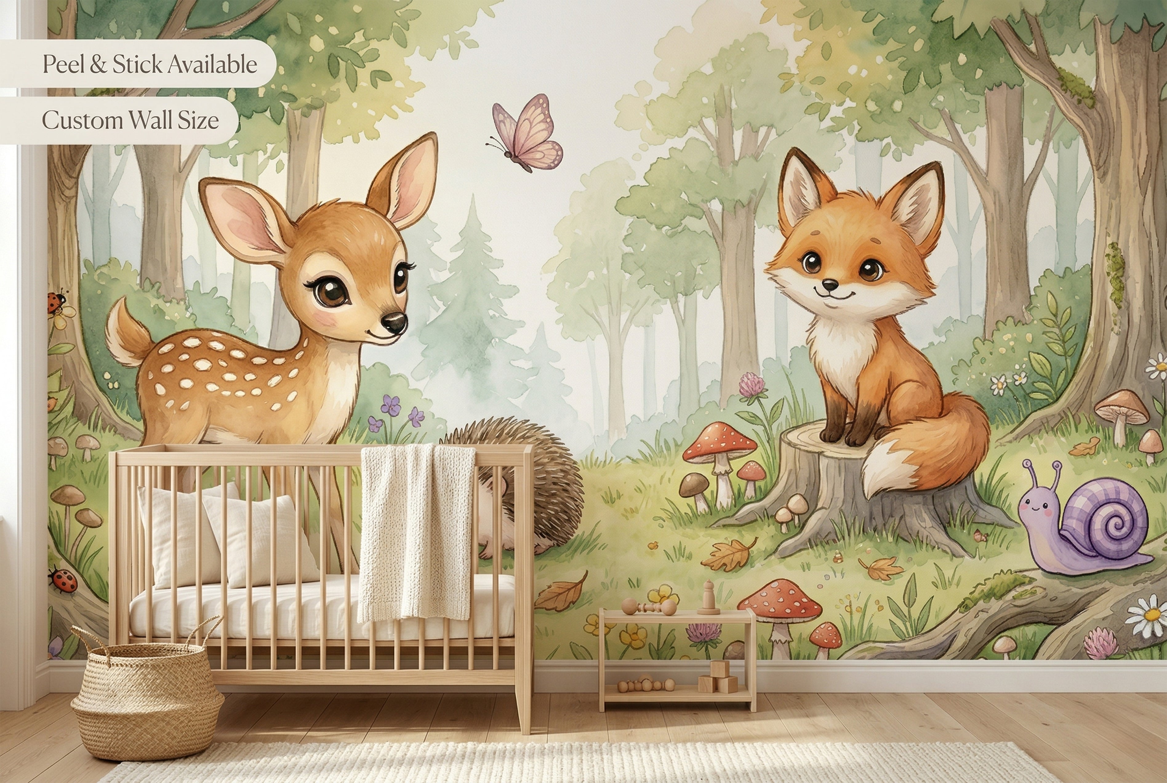 Watercolour hedgehog and red mushrooms on woodland forest peel and stick mural