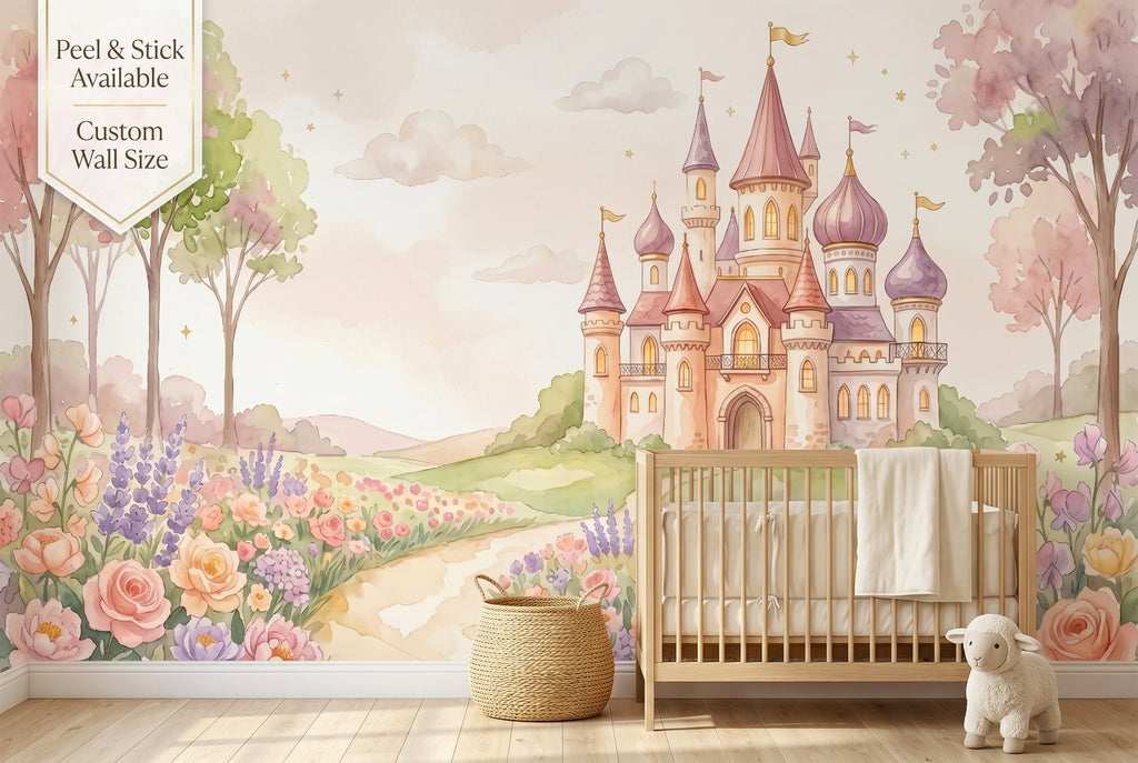 Watercolour pink princess castle wall mural in a floral nursery flower garden
