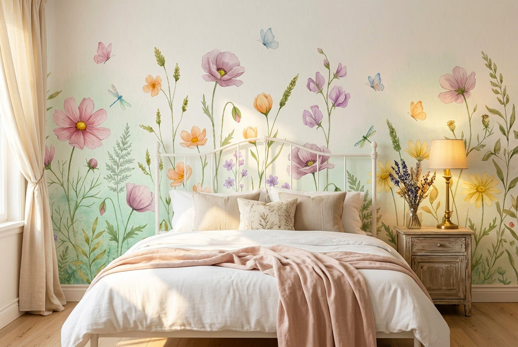 Watercolour wildflower pastel wall mural in a romantic bedroom behind a white iron bed with white linen bedding and dried flowers