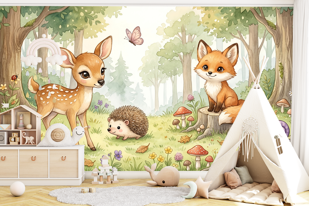 Watercolour woodland animals nursery wall mural with deer fox and hedgehog
