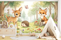 Watercolour woodland animals nursery wall mural with deer fox and hedgehog