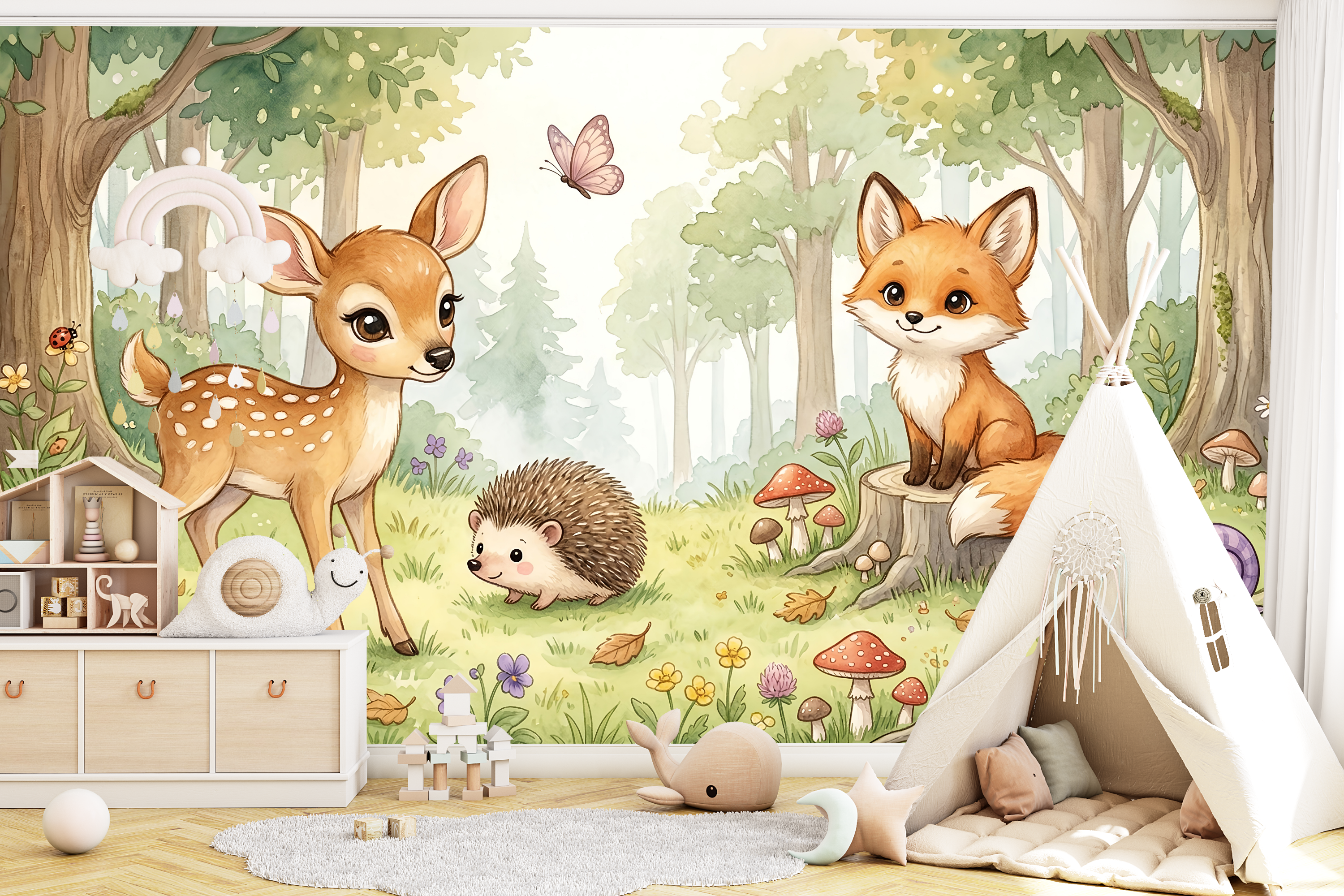 Watercolour woodland animals nursery wall mural with deer fox and hedgehog