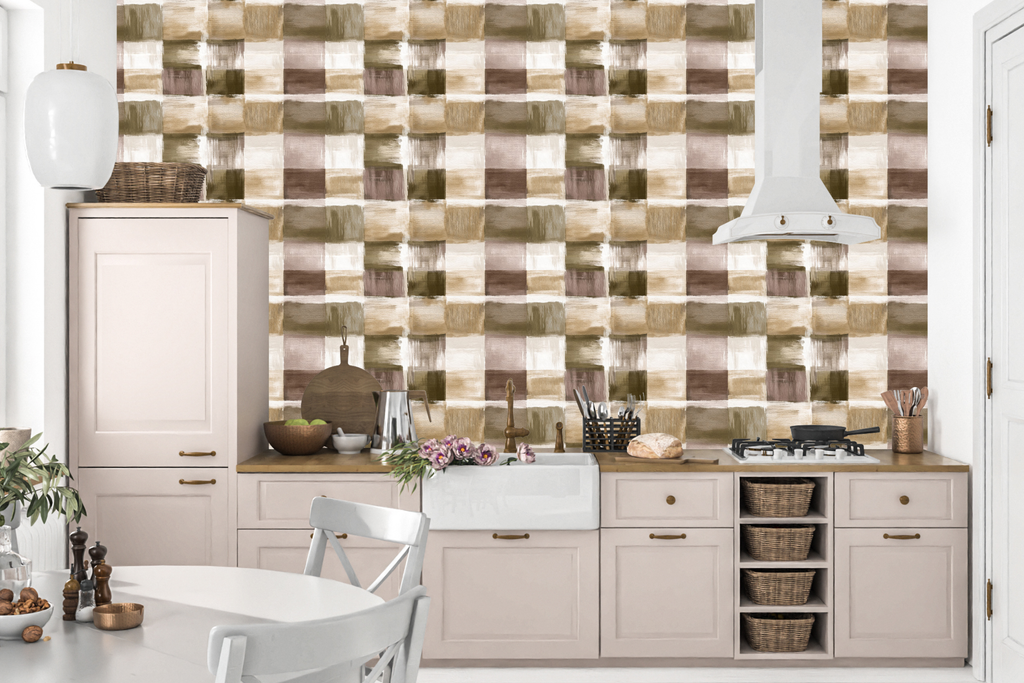 Weathered Painted Check Wallpaper Rustic Earthy Plaid Faux Texture Mural