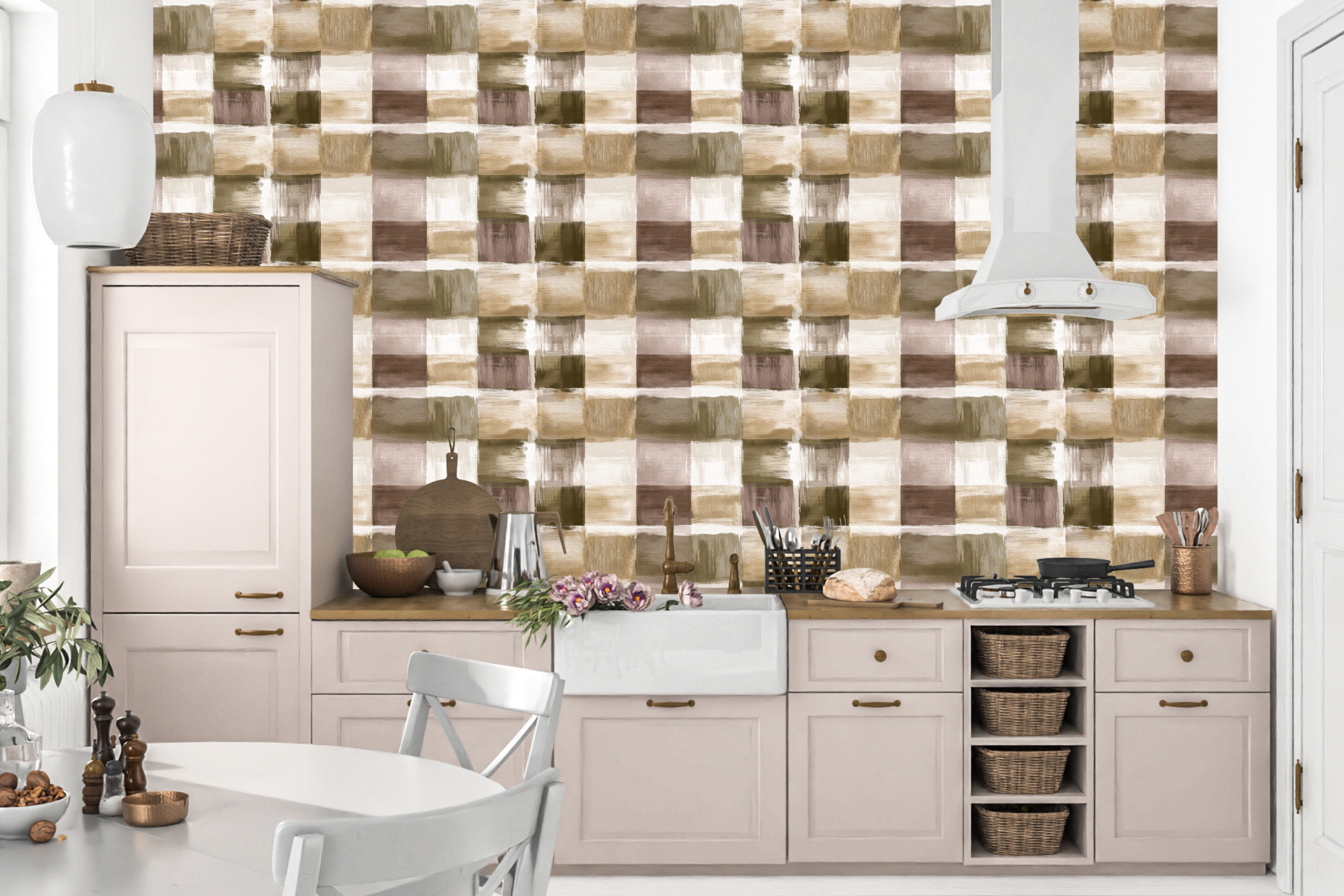 Weathered Painted Check Wallpaper Rustic Earthy Plaid Faux Texture Mural
