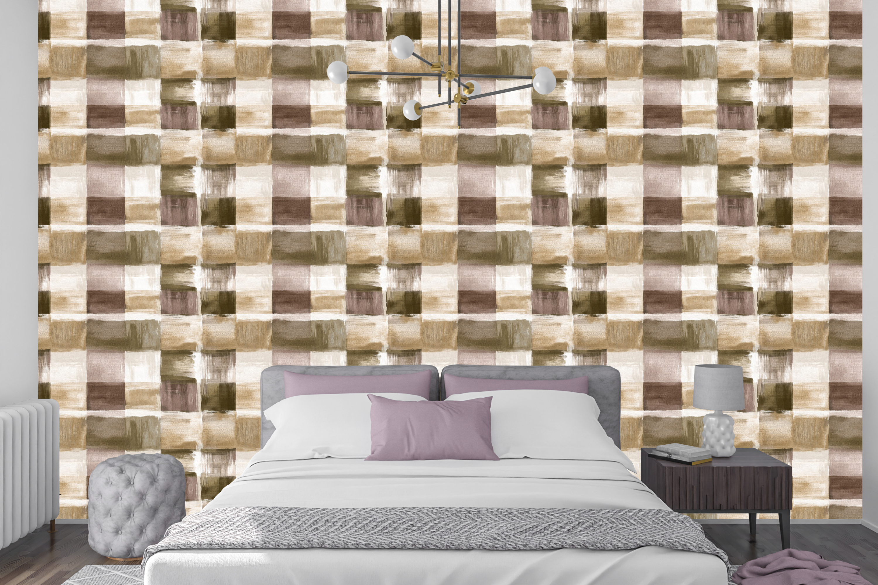 Warm textured color block wallpaper creating a calming accent wall in a rustic bedroom