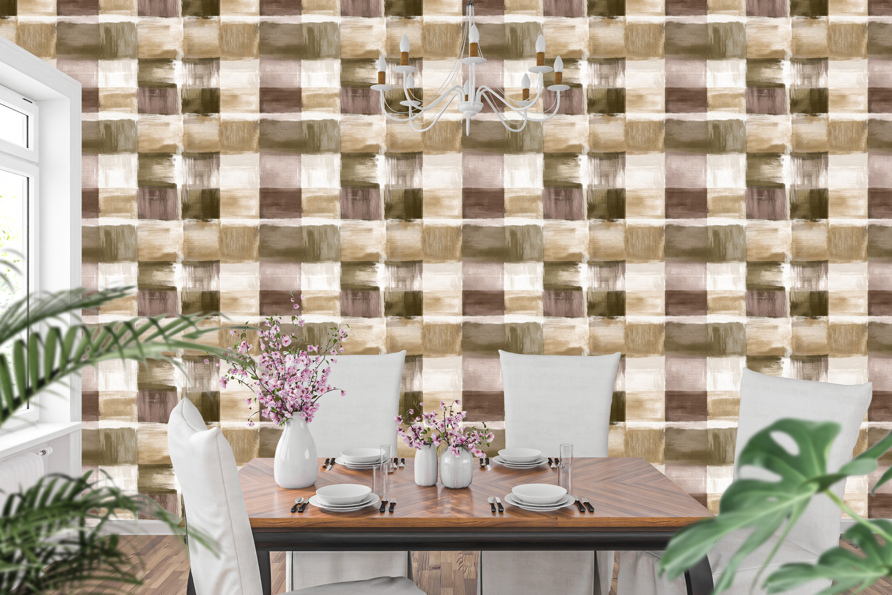 Weathered painted check wallpaper in an earthy modern farmhouse dining room