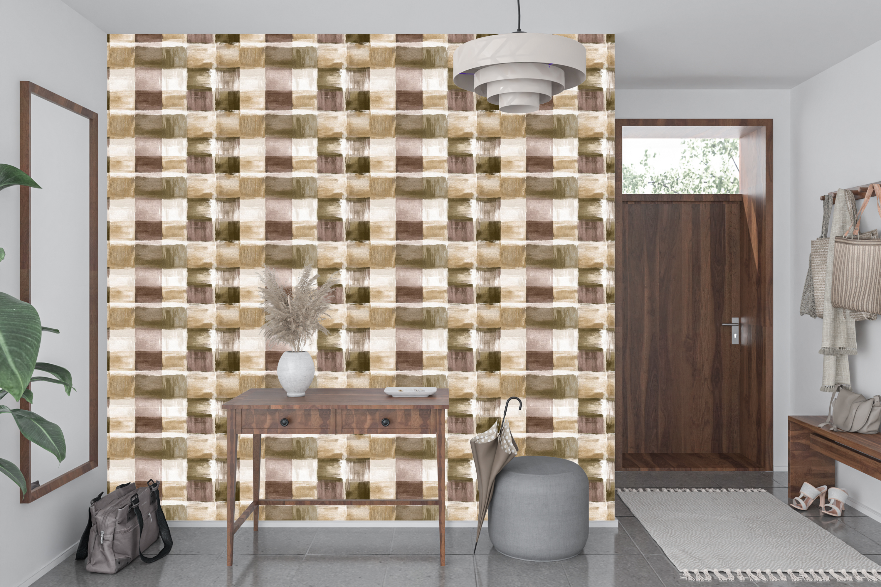 Faux canvas textured plaid wall mural transforming a welcoming hallway or home office