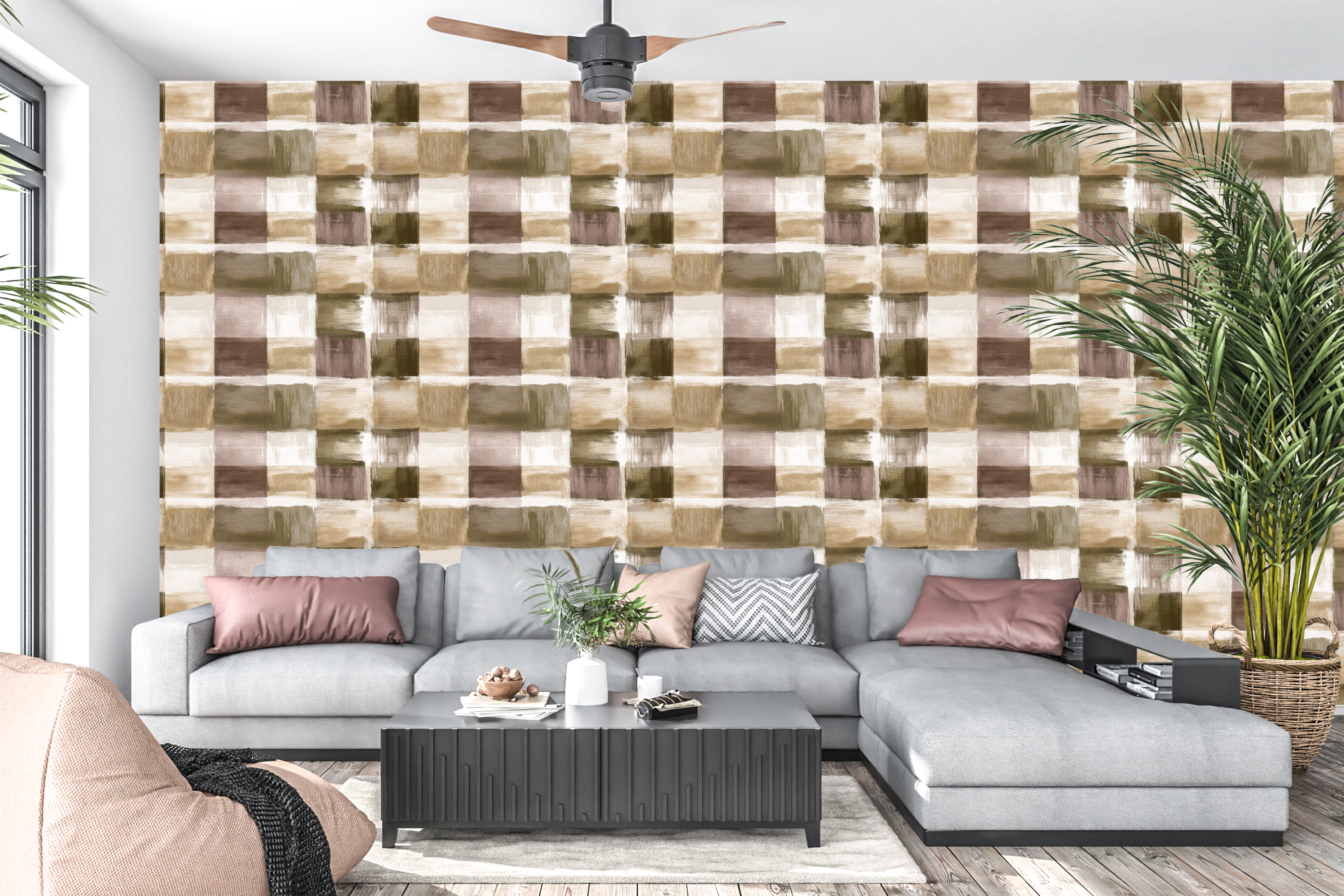 Rustic brown and taupe plaid peel and stick wall mural behind a cozy living room sofa
