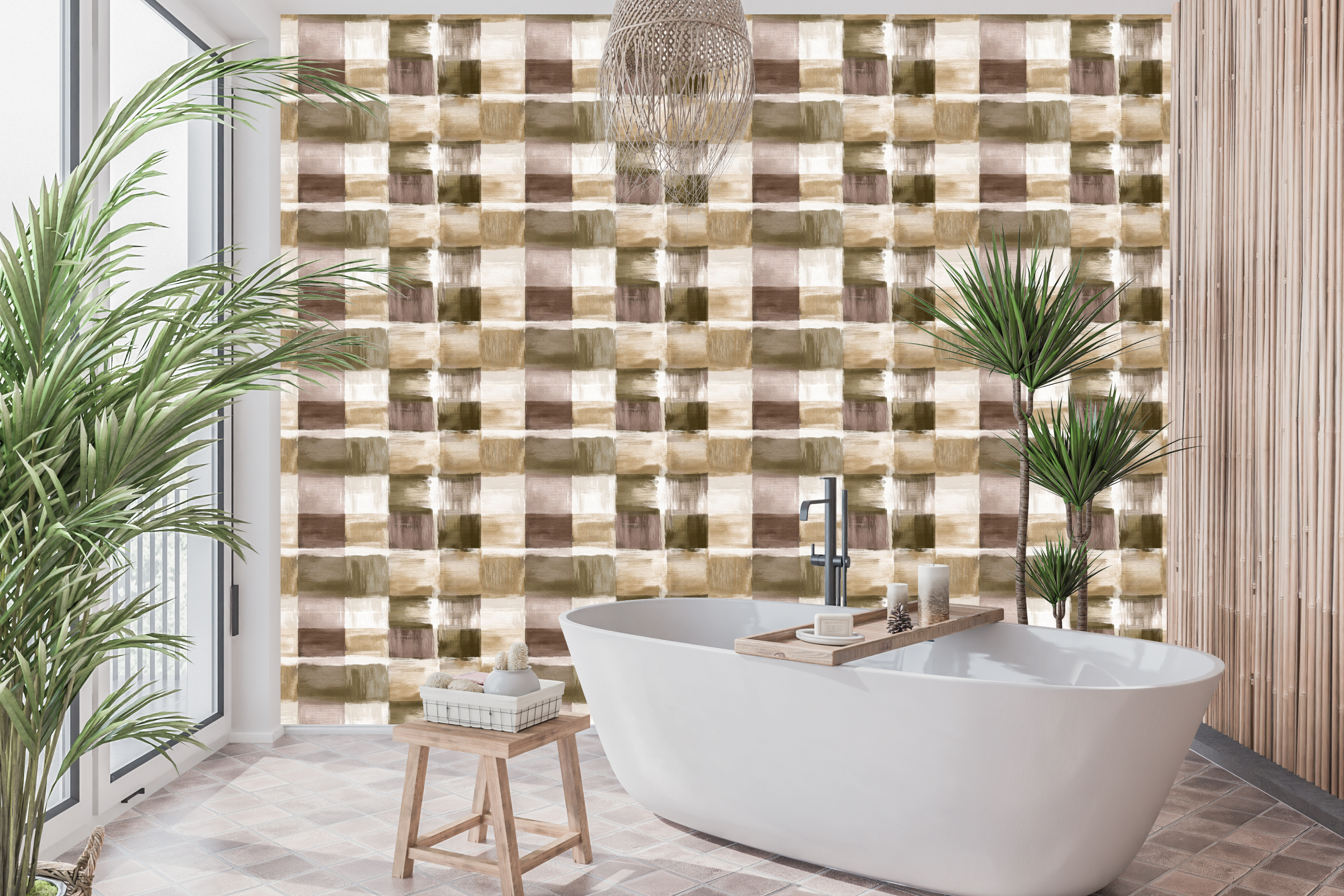 Waterproof vinyl earthy painted grid wallpaper applied in a warm neutral bathroom