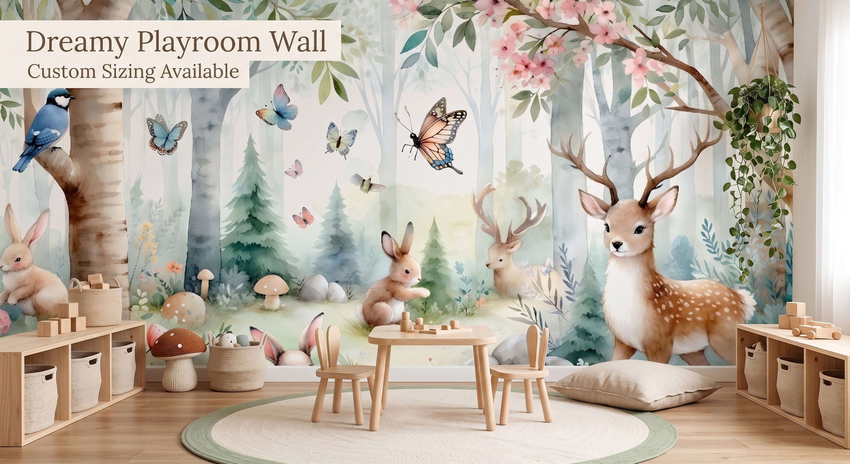 Whimsical woodland animals wallpaper mural with deer rabbits and butterflies in a bright gender neutral playroom with wooden toys

