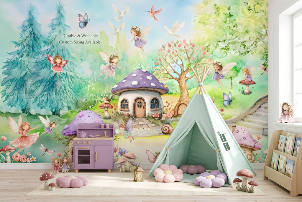 White rabbit and pastel butterflies on woodland fairy wall mural