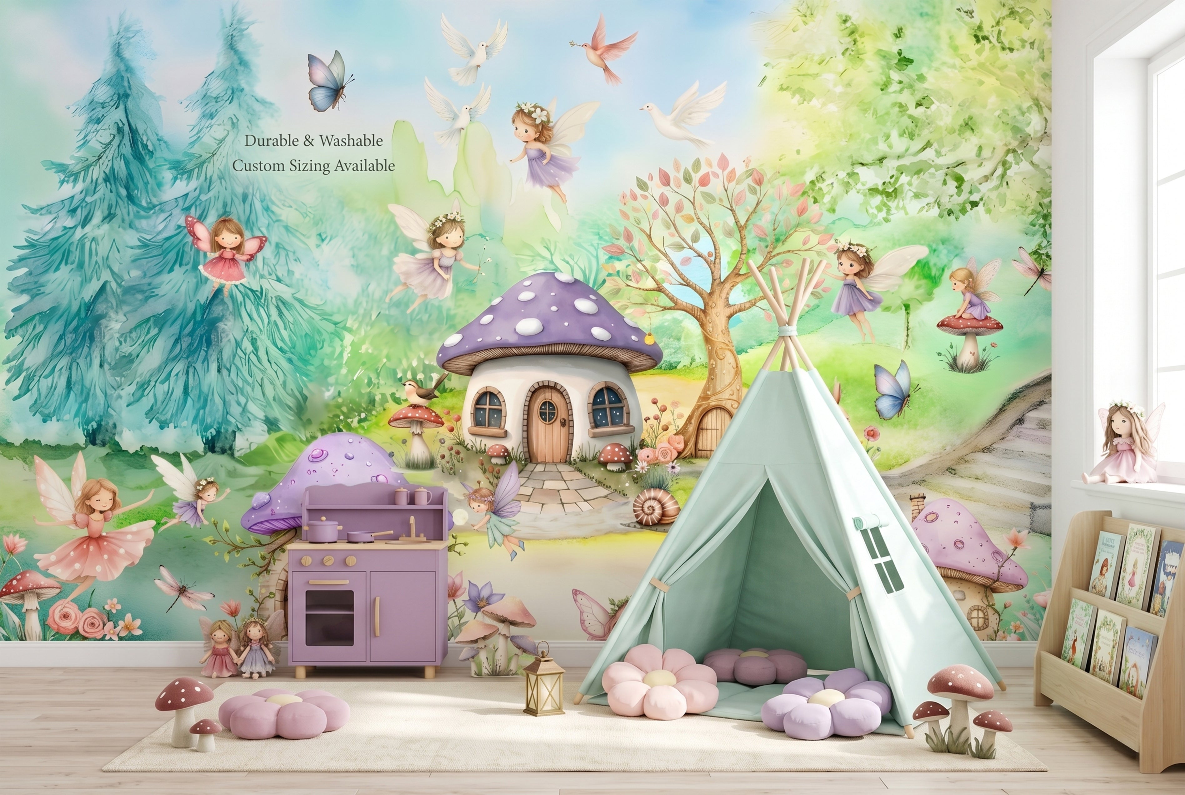 White rabbit and pastel butterflies on woodland fairy wall mural