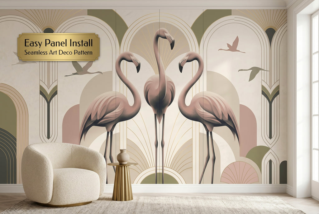 Full wall Art Deco flamingo mural showing seamless geometric arch panel installation at wall scale