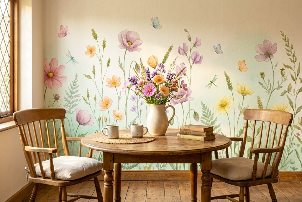 Wildflower meadow wall mural in a cosy cottagecore dining nook with a wooden table fresh flowers and warm afternoon light