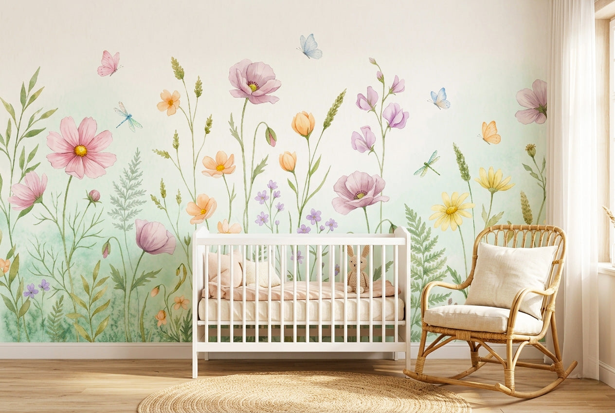 Wildflower meadow wall mural — watercolour pastel cosmos poppies butterflies and dragonflies in soft pink lavender peach and sage green on an airy cream background — peel and stick wallpaper by WallpaperPixi