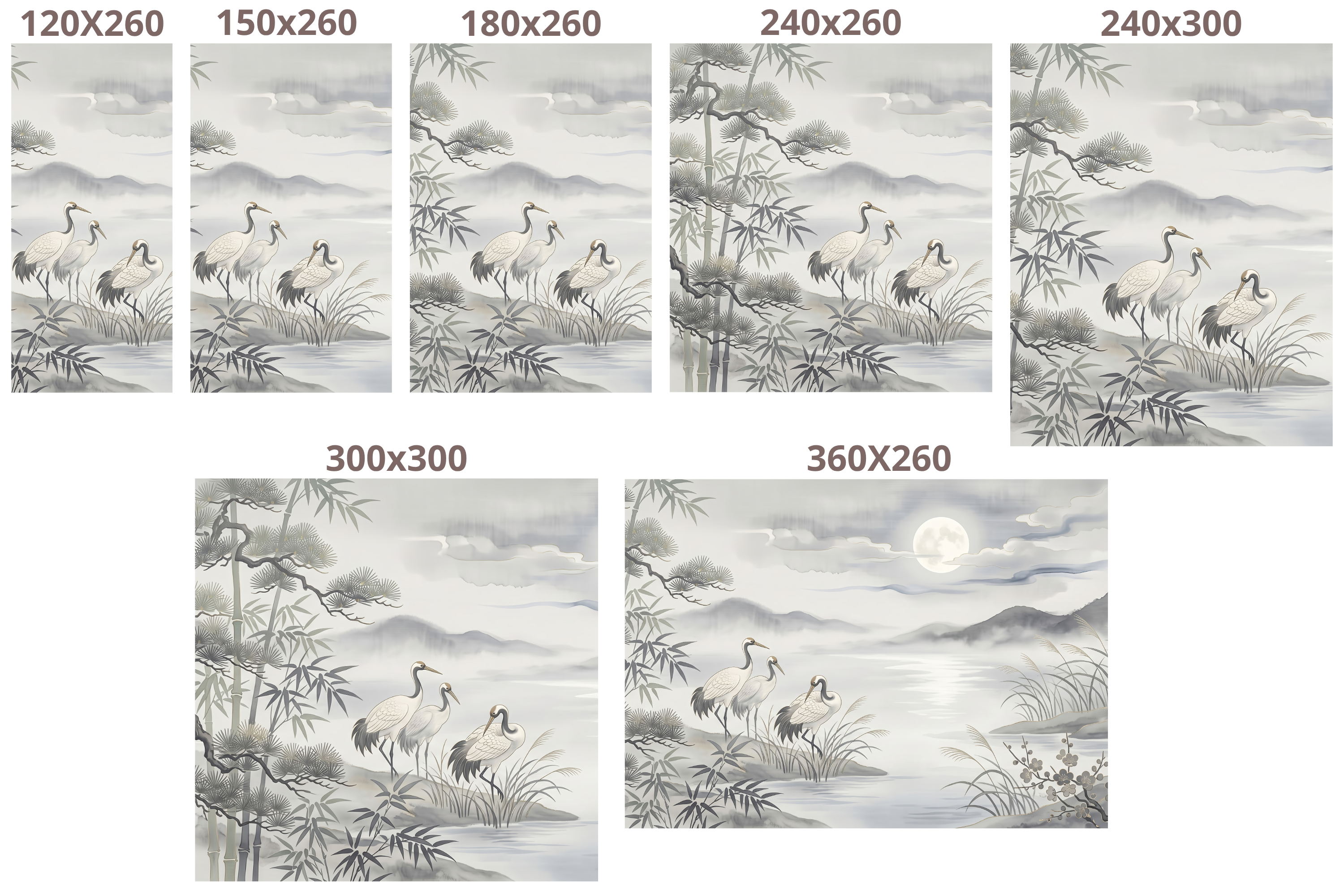 Zen Moonlight Crane & Bamboo Wall Mural Silver Grey Chinoiserie Landscape Wallpaper