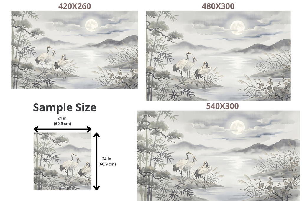 Zen Moonlight Crane & Bamboo Wall Mural Silver Grey Chinoiserie Landscape Wallpaper
