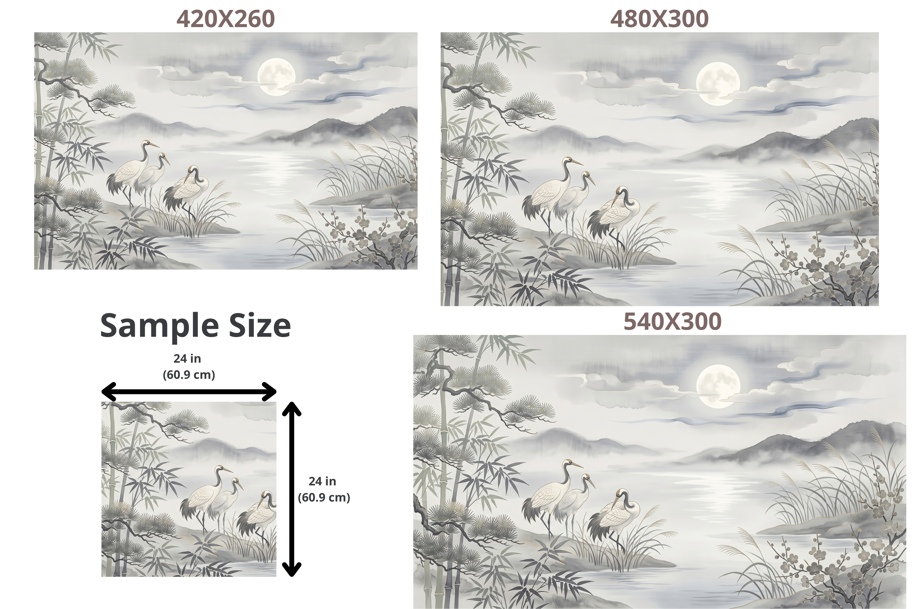 Zen Moonlight Crane & Bamboo Wall Mural Silver Grey Chinoiserie Landscape Wallpaper