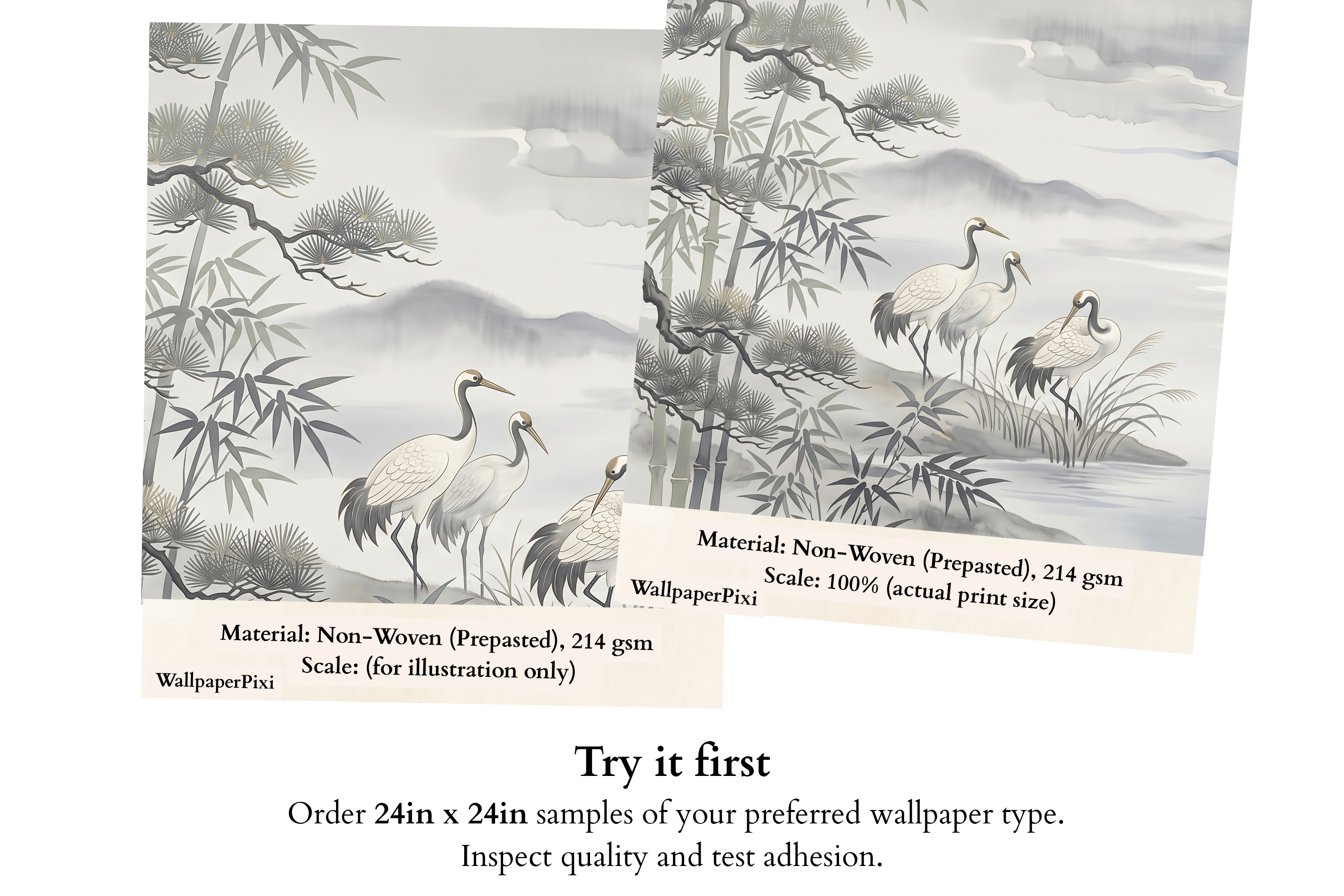 Zen Moonlight Crane & Bamboo Wall Mural Silver Grey Chinoiserie Landscape Wallpaper