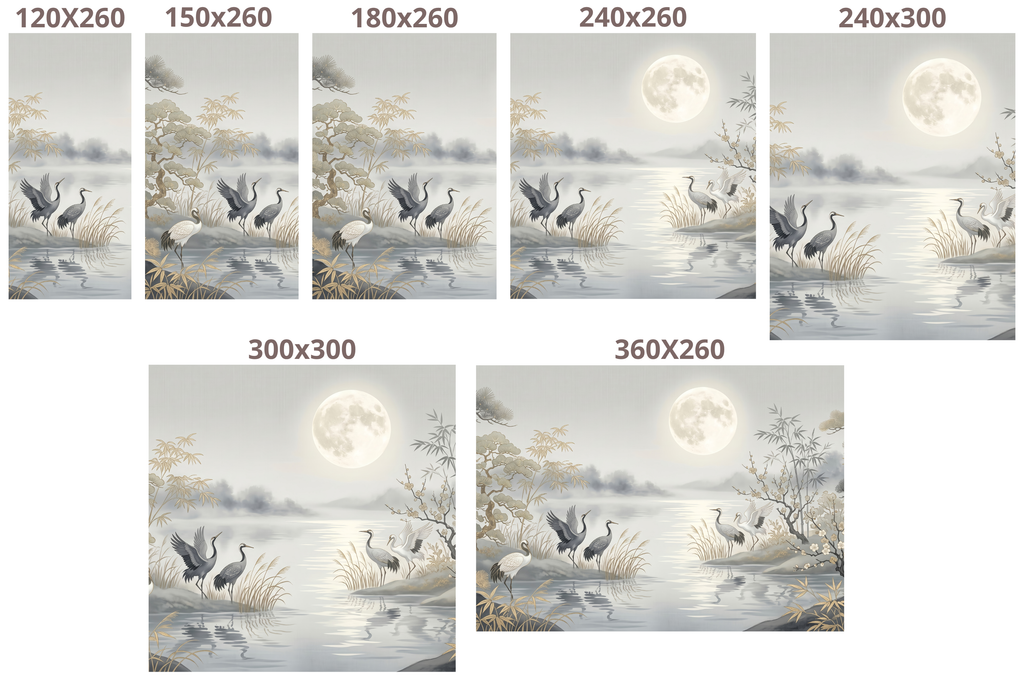 Zen Moonlight Crane & Bamboo Wall Mural Silver and Faux Gold Chinoiserie Wallpaper